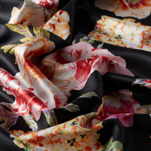 Black Summer Bouquet Print Silk Scarf - Thumbnail