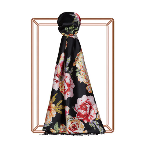 Black Summer Bouquet Print Silk Scarf