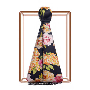 Black Summer Bouquet Print Silk Scarf - Thumbnail