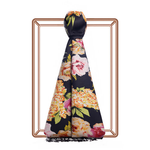 Black Summer Bouquet Print Silk Scarf