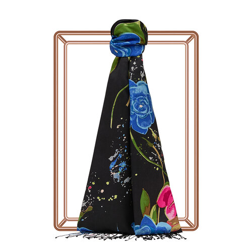 Black Summer Garden Print Silk Scarf