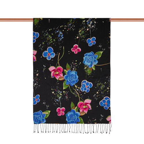 Black Summer Garden Print Silk Scarf