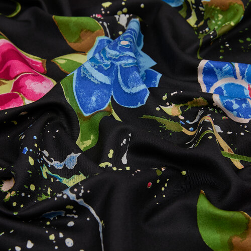 Black Summer Garden Print Silk Scarf