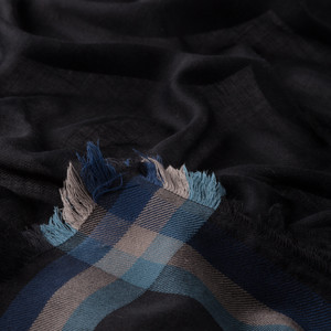 Black Tartan Border Wool Silk Scarf - Thumbnail
