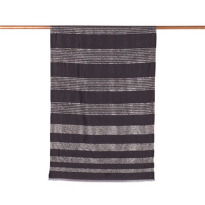 Black Thin Lurex Striped Silk Scarf - Thumbnail