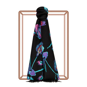 Black Turqoise Rose Print Silk Scarf - Thumbnail