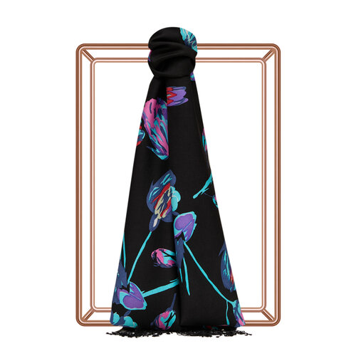 Black Turqoise Rose Print Silk Scarf