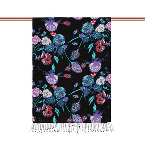 Black Turqoise Rose Print Silk Scarf - Thumbnail