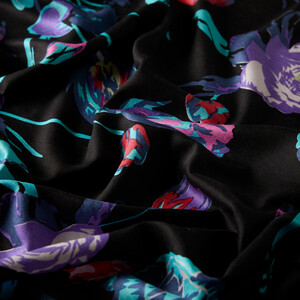 Black Turqoise Rose Print Silk Scarf - Thumbnail