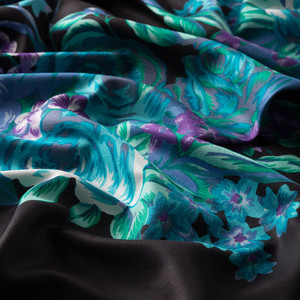 Black Turquoise Palace Garden Print Silk Scarf - Thumbnail