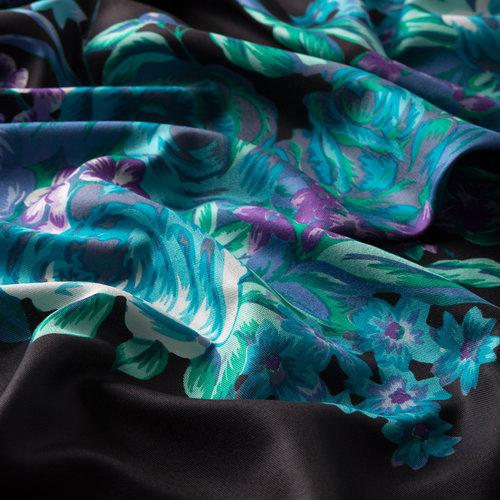 Black Turquoise Palace Garden Print Silk Scarf