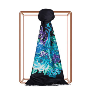 Black Turquoise Palace Garden Print Silk Scarf - Thumbnail