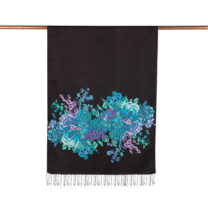 ipekevi - Black Turquoise Palace Garden Print Silk Scarf (1)