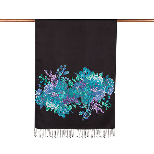 Black Turquoise Palace Garden Print Silk Scarf