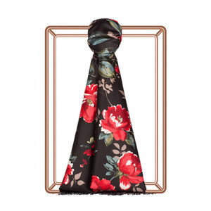 Black Vine Rose Print Silk Scarf - Thumbnail