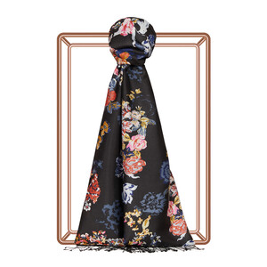 Black Waterside Garden Print Silk Scarf - Thumbnail