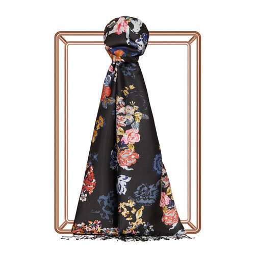 Black Waterside Garden Print Silk Scarf