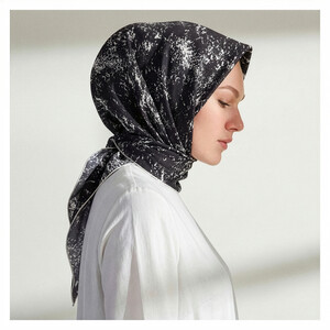 Black White Marble Print Silk Twill Scarf - Thumbnail