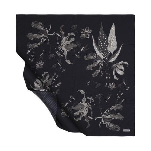 Black Wild Flowers Twill Silk Scarf