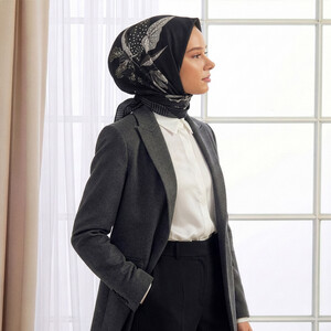 Black Wild Flowers Twill Silk Scarf - Thumbnail