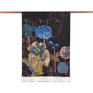 Black Wild Rose Print Silk Scarf - Thumbnail
