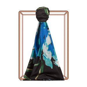 Black Wild Rose Print Silk Scarf - Thumbnail