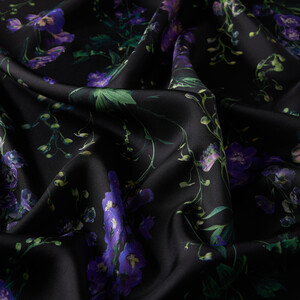 Black Wild Violet Print Silk Twill Scarf - Thumbnail