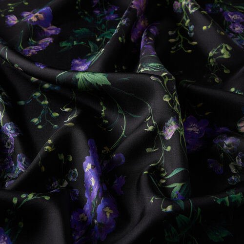 Black Wild Violet Print Silk Twill Scarf