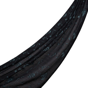Black Woven Floral Spiral Wool Silk Scarf - Thumbnail