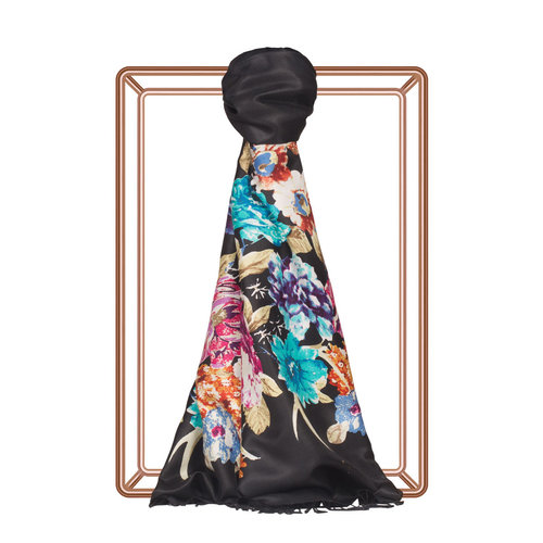 Black Yediveren Tarhi Print Silk Scarf