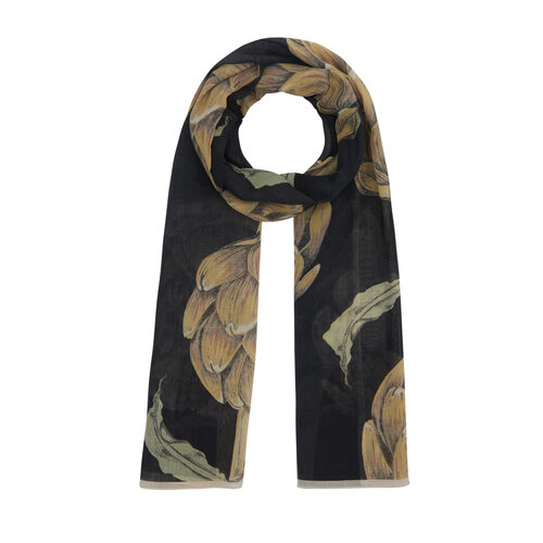 Black Yellow Artichoke Blossom Cotton Scarf