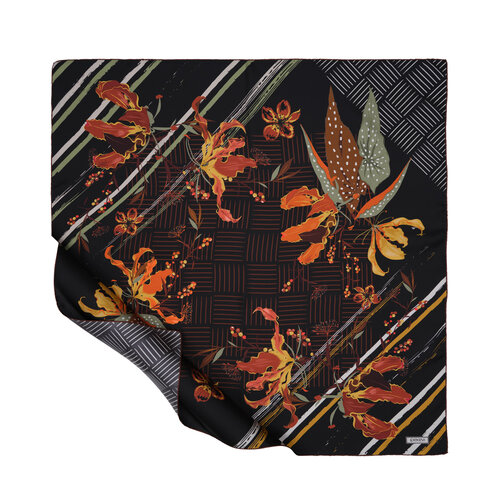 Black Yellow Wild Flowers Twill Silk Scarf