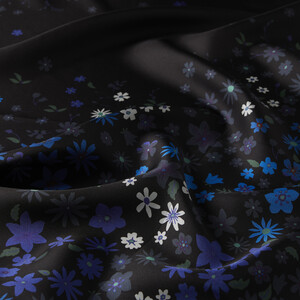 Blue Black Spray Flowers Twill Silk Scarf - Thumbnail
