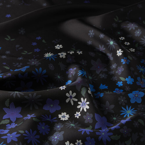Blue Black Spray Flowers Twill Silk Scarf