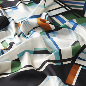 Blue Green Minimalist Striped Twill Silk Scarf - Thumbnail