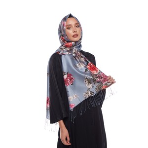 Blue Peony Garden Print Silk Scarf - Thumbnail