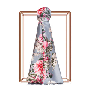 Blue Peony Garden Print Silk Scarf - Thumbnail