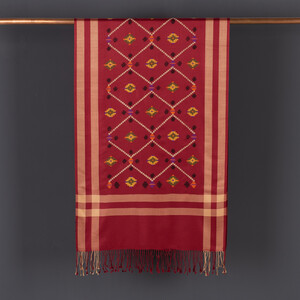 ipekevi - Bordo Kilim Desenli Kanaviçe İşli Prime İpek Şal (1)