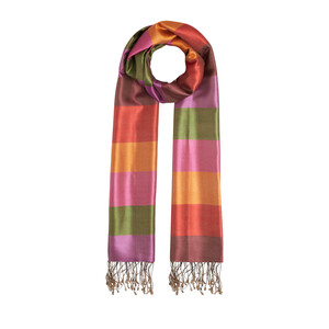 Brick Red Block Striped Reversible Silk Scarf - Thumbnail