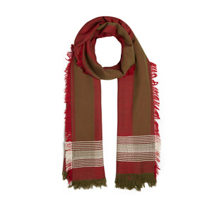 Brick Red Multi Stripe Wool Silk Scarf - Thumbnail