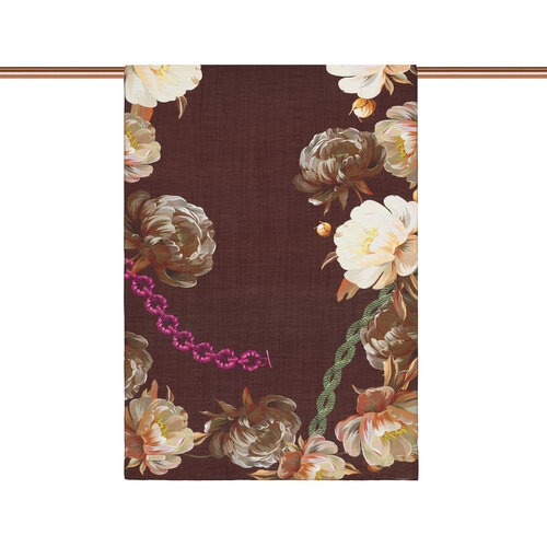 Brown Beige Chain Peony Patterned Tencel Scarf
