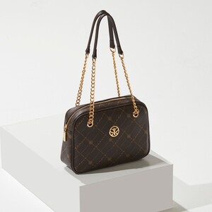 Brown Monogram Chain Detailed Shoulder Bag - Thumbnail