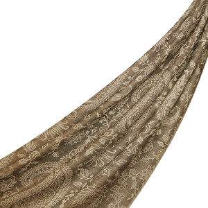 Brown Paisley Leaf Patterned Wool Silk Scarf - Thumbnail