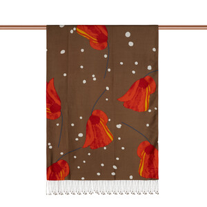 Brown Poppy Table Pattern Silk Shawl - Thumbnail
