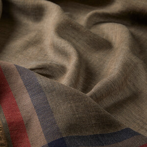 Brown Tartan Border Wool Silk Scarf - Thumbnail