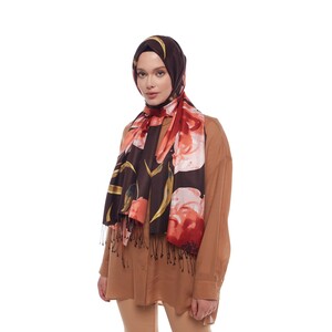 Brown Wild Rose Print Silk Scarf - Thumbnail