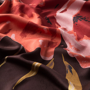 Brown Wild Rose Print Silk Scarf - Thumbnail