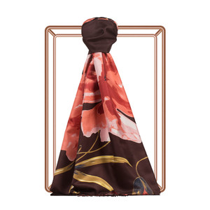 Brown Wild Rose Print Silk Scarf - Thumbnail