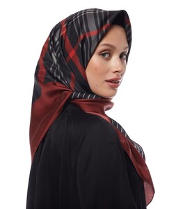 Burgundy Black Castle Plaid Silk Twill Scarf - Thumbnail