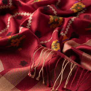 Burgundy Carpet Design Cross Stich Prime Silk Scarf - Thumbnail